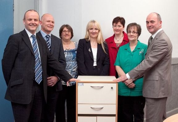 The Pharmacy and Medicines Management team who provided input into the design of the key-less locker system: (left to right) Prof Mike Scott, Head of Pharmacy & Medicines Management, NHSCT; Ian Farnfield, Sales Director, Hospital Metalcraft Ltd; Bernie Irvine, Sister, NHSCT; Dianne Gill, Deputy Head of Pharmacy & Medicines Management, NHSCT; Sarah McGinnity, formerly Principal Clinical Pharmacist, Antrim Hospital, NHSCT; Agnes Hunter, Pharmacy Technician, NHSCT; Sean Donaghy, Chief Executive, NHSCT.